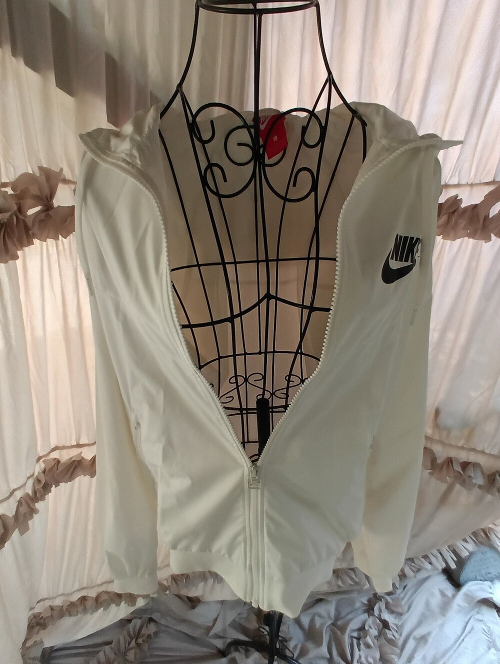Women's Size Large Nike White Full-Zip Hooded Bomber Jacket with Black Logo